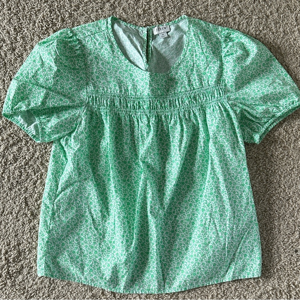 J. Crew Green and White Floral Puff-Sleeve Smocked Yoke Blouse NWOT